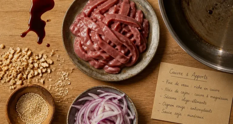 Cuivre dans les aliments : foie de veau, noix de cajou et sésame sur table