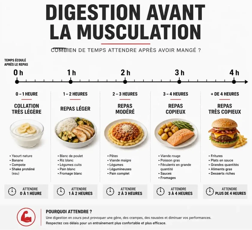Infographie des temps de digestion recommandés avant la musculation après manger