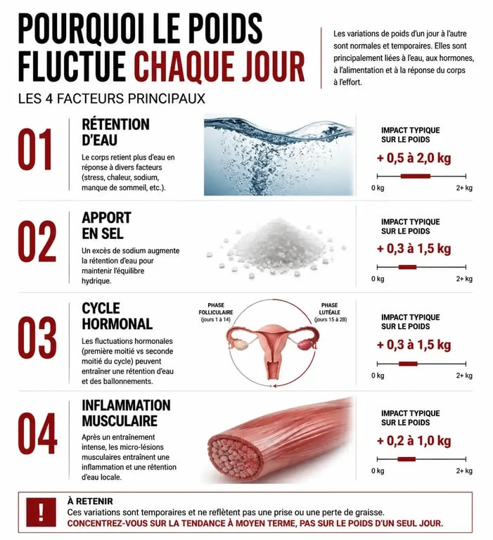 Infographie expliquant pourquoi se peser tous les jours fait grossir ou fluctuer le poids : facteurs comme l'eau, le sel et les hormones.