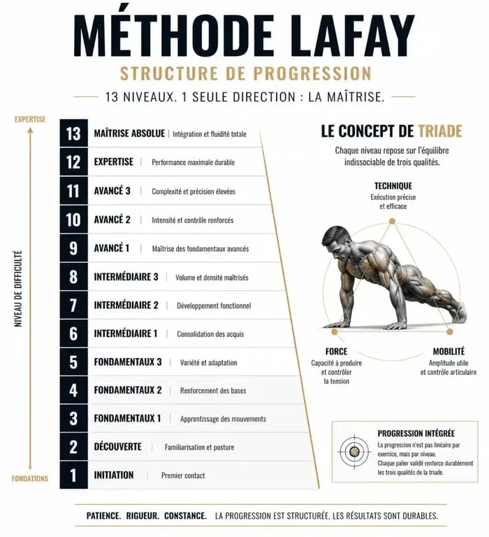 Schéma de progression de la méthode Lafay en PDF montrant les 13 niveaux et la triade d'exercices