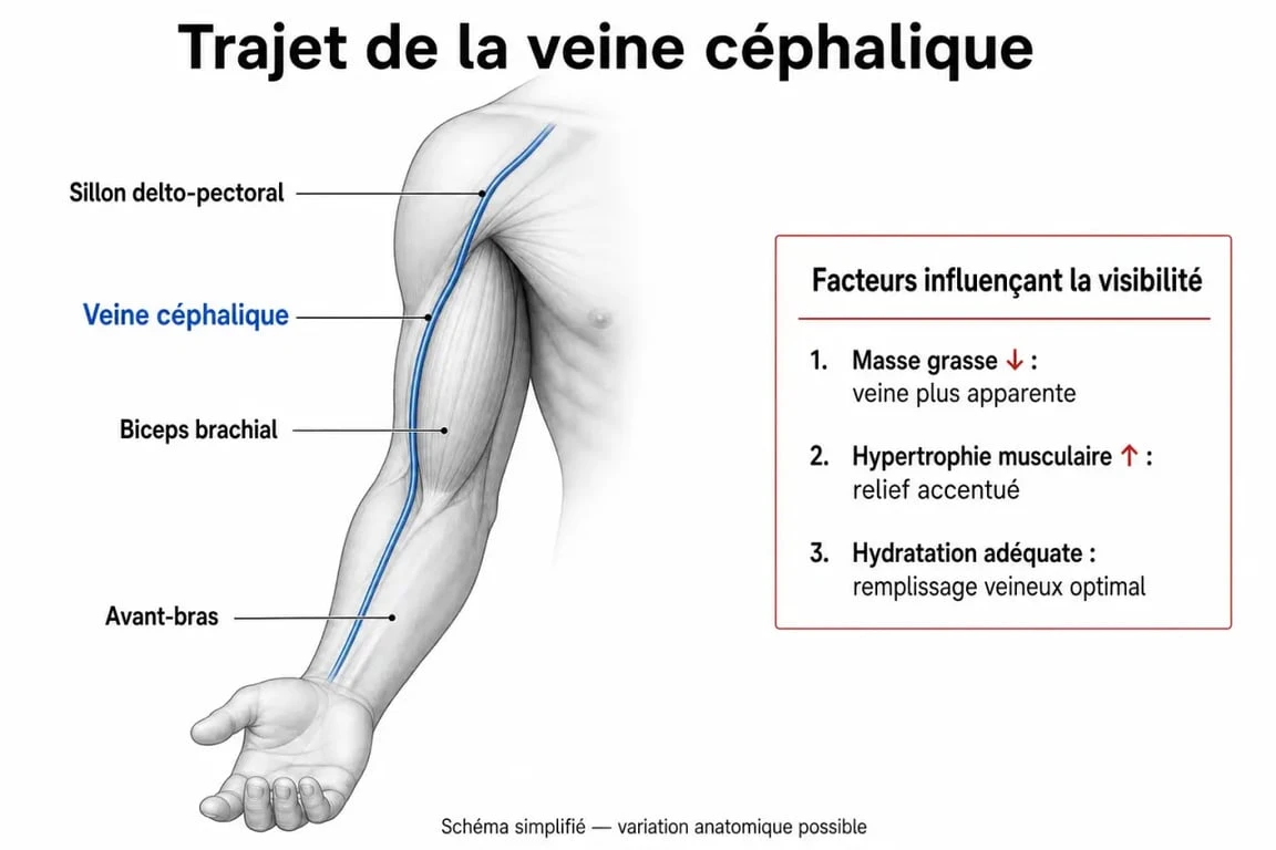 Schéma explicatif de la veine céphalique sur le biceps et facteurs de vascularisation