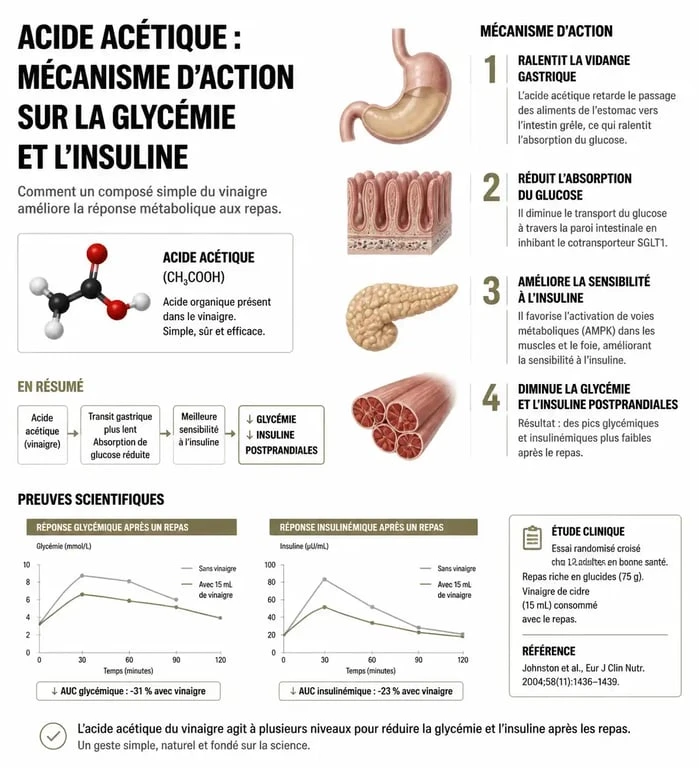 Infographie sur le mécanisme d'action du vinaigre de cidre pour perdre 10 kilos et réguler la glycémie.