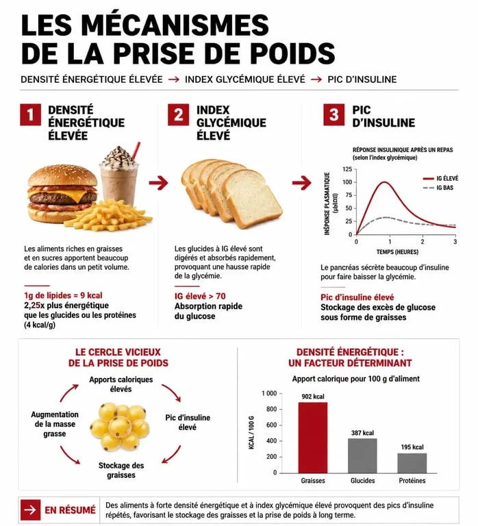 Infographie sur les mécanismes de prise de poids et les aliments à éviter