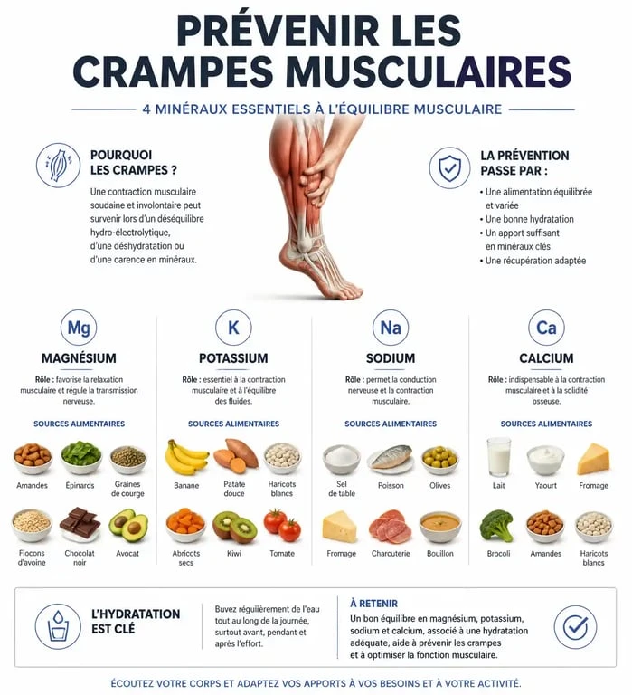 Infographie sur la prévention des crampes musculaires : rôle du magnésium, potassium, sodium et calcium pour éviter les crampes.