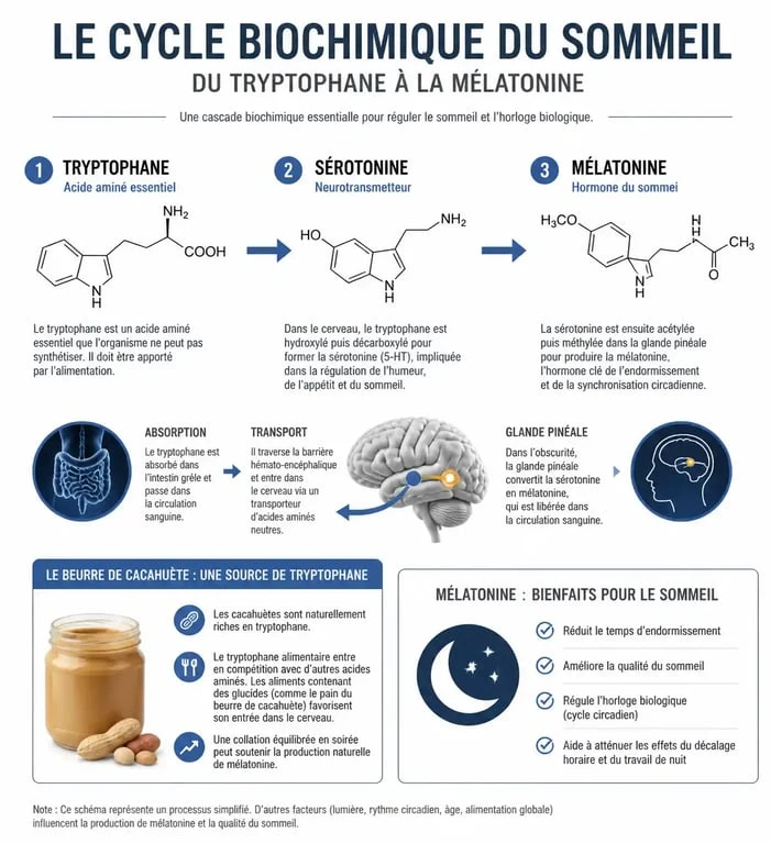 Infographie expliquant le cycle du tryptophane et les bienfaits de manger du beurre de cacahuète le soir pour le sommeil