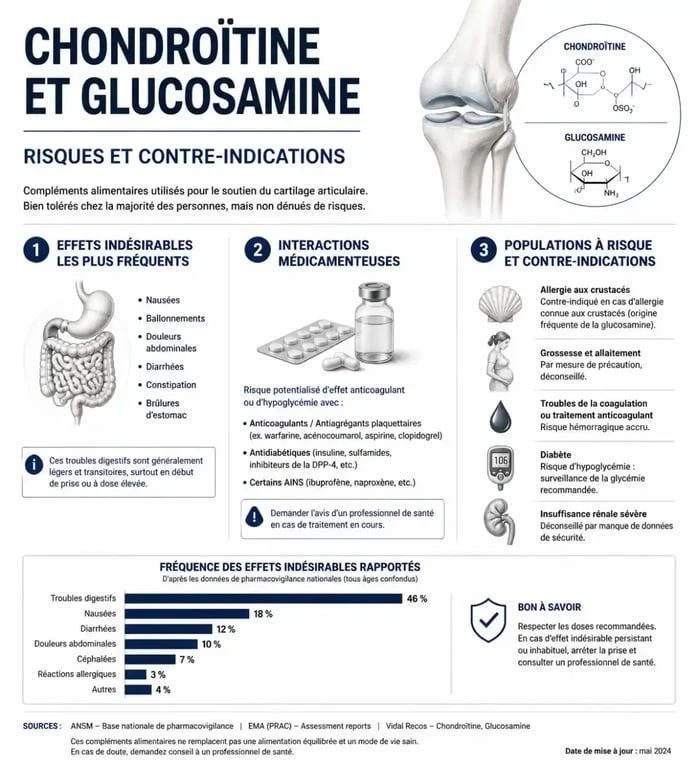Infographie sur les effets secondaires et risques de la chondroïtine et glucosamine pour les articulations