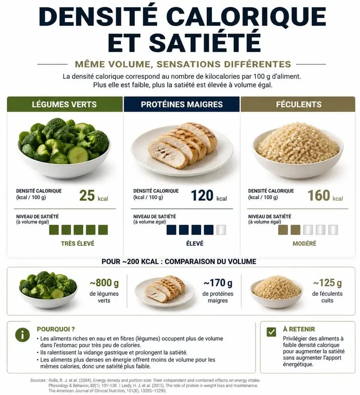 Infographie sur la densité calorique et la satiété des aliments pour une alimentation équilibrée