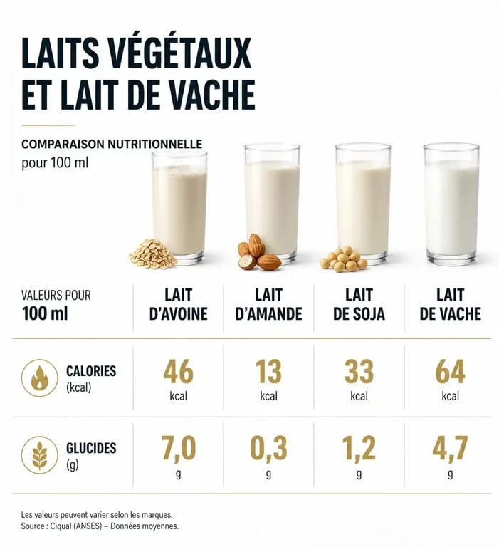 Infographie comparative des valeurs nutritionnelles des laits végétaux et animaux pour le lait d'avoine pour maigrir