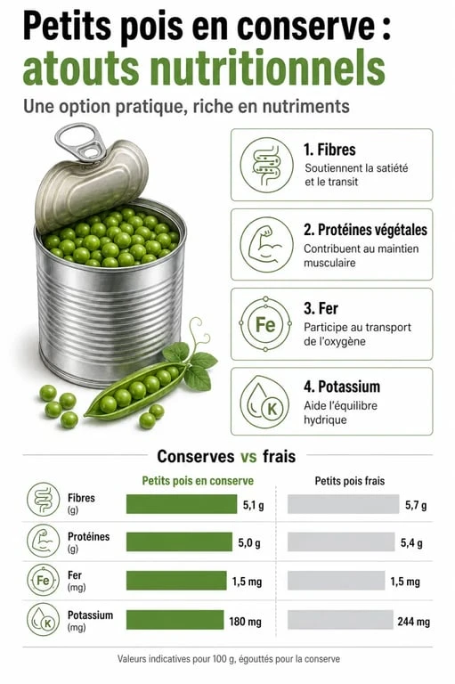 Infographie des bienfaits des petits pois en conserve pour la santé et la nutrition