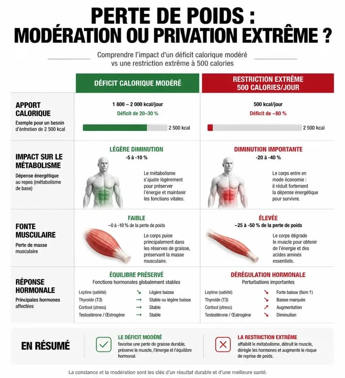 Infographie sur les risques d'un régime à 500 calories par jour et l'importance du déficit calorique modéré