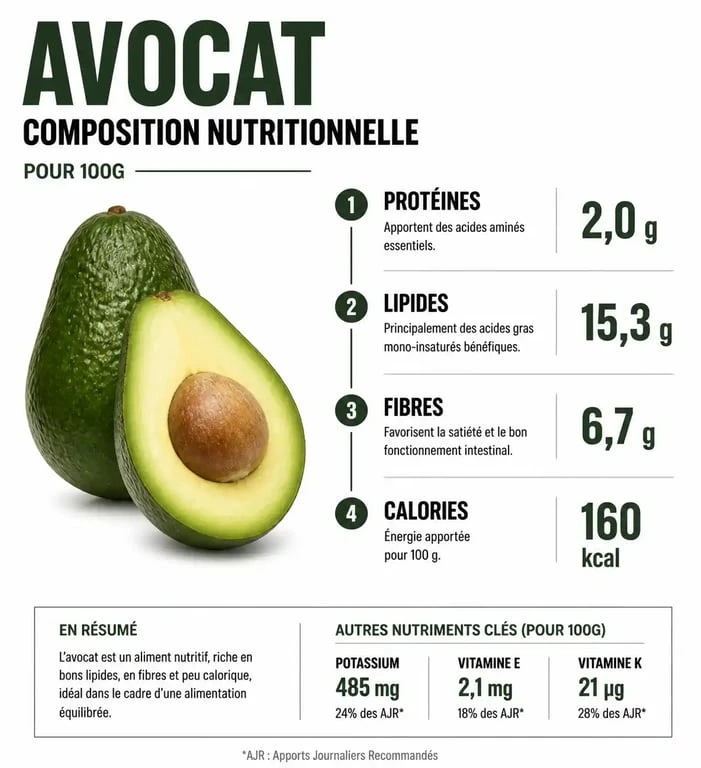 Infographie nutritionnelle montrant la quantité de protéines dans un avocat pour 100g