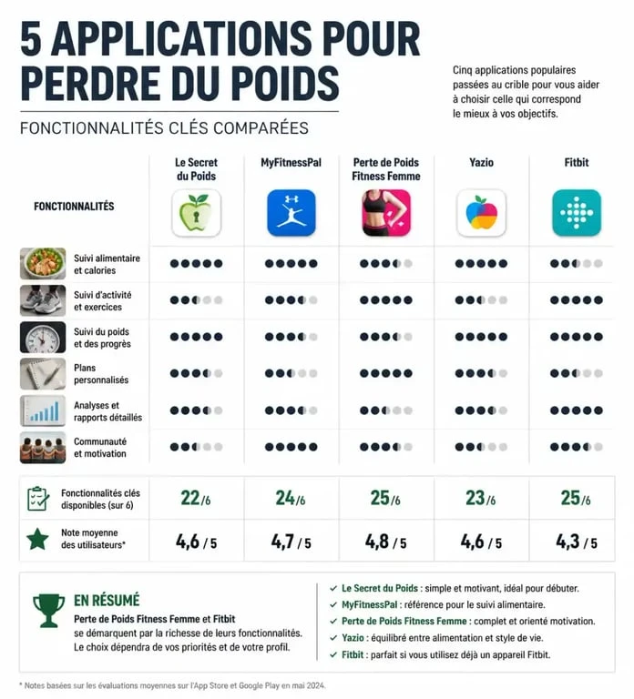Infographie comparative des meilleures applications gratuites pour maigrir : fonctionnalités et points forts.
