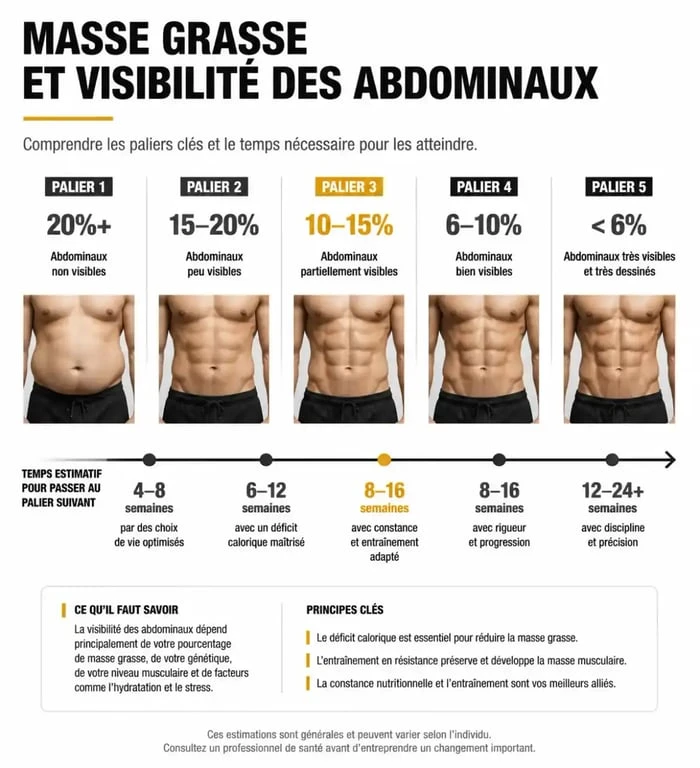 Infographie montrant le temps nécessaire pour obtenir des abdos visibles selon le taux de masse grasse