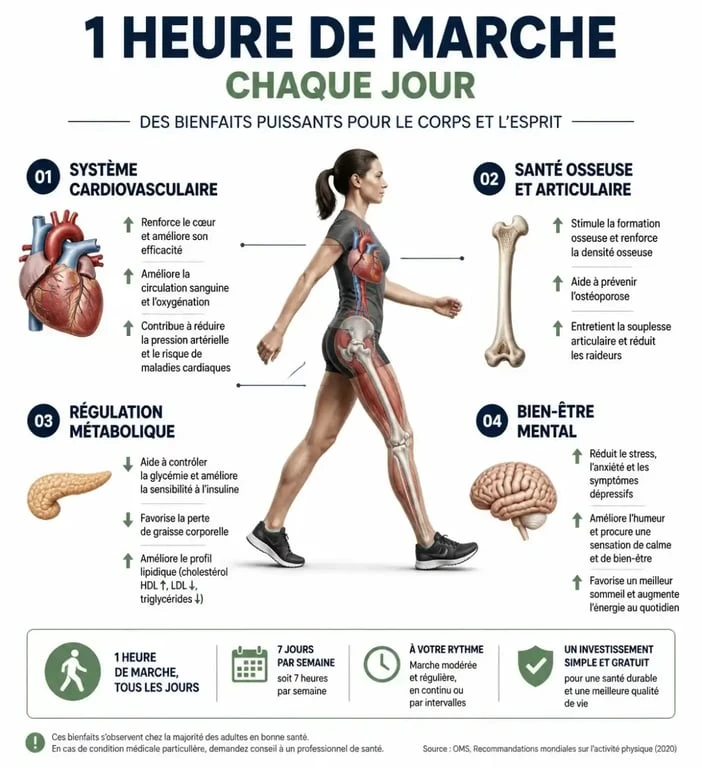 Infographie sur les bienfaits de marcher 1h par jour pour la santé physique et mentale