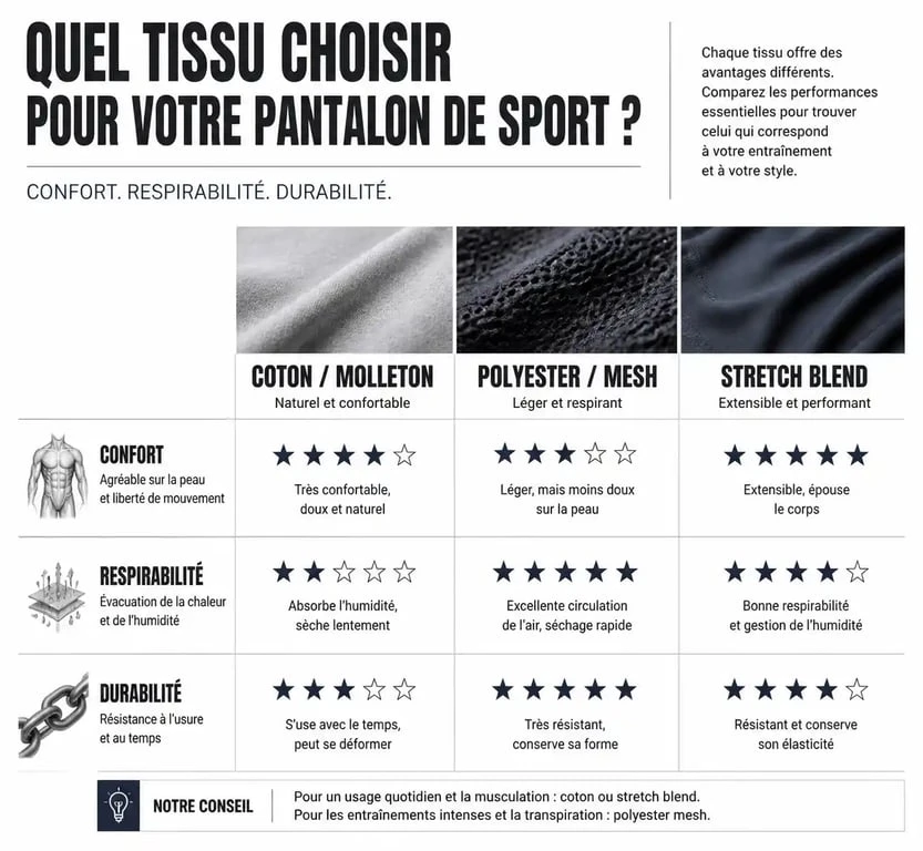 Comparatif des matières de pantalon de musculation : coton, polyester et mélange stretch pour choisir le meilleur équipement