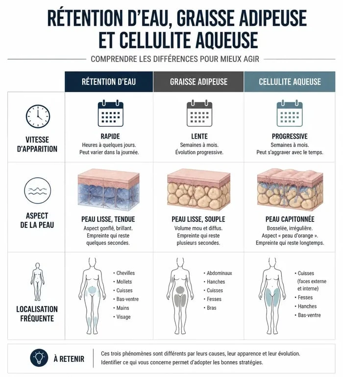 Infographie comparative pour savoir si on fait de la rétention d'eau, de la graisse ou de la cellulite