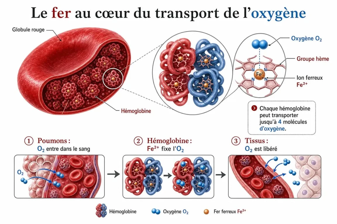 Infographie illustrant le rôle du fer dans le sang et le transport de l'oxygène