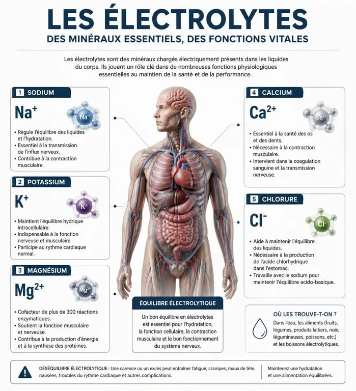 Infographie sur le rôle des électrolytes dans l'organisme et leurs fonctions vitales