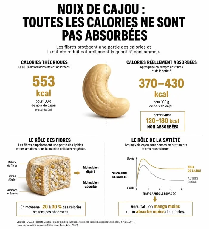 Infographie sur les bienfaits des noix de cajou et la gestion du poids : calories réelles vs calories théoriques.