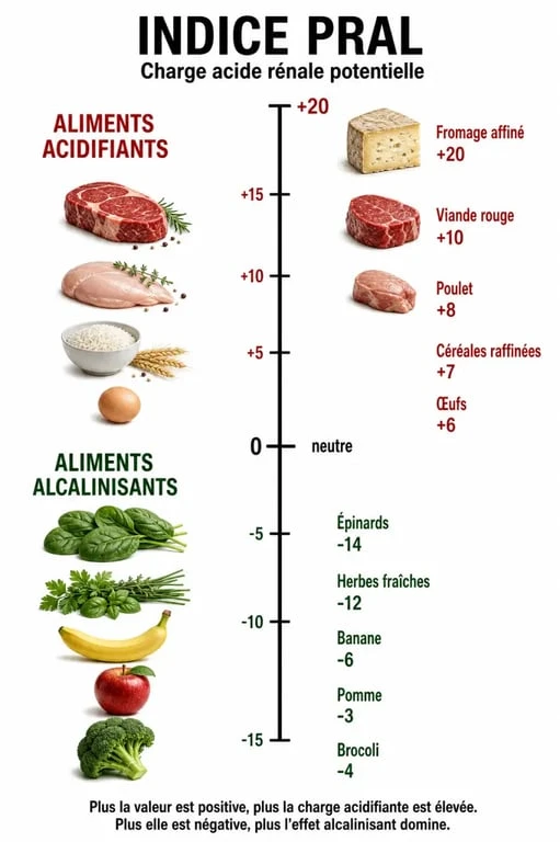 Infographie explicative sur l'indice PRAL et la classification des aliments acides ou alcalins pour l'équilibre acido-basique.