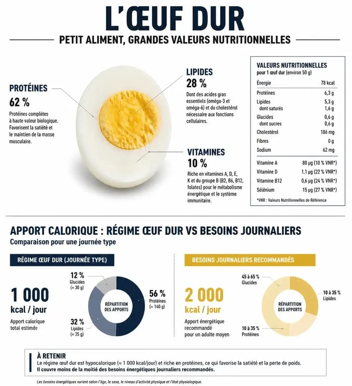 Infographie nutritionnelle sur le régime œuf dur et ses effets sur la santé