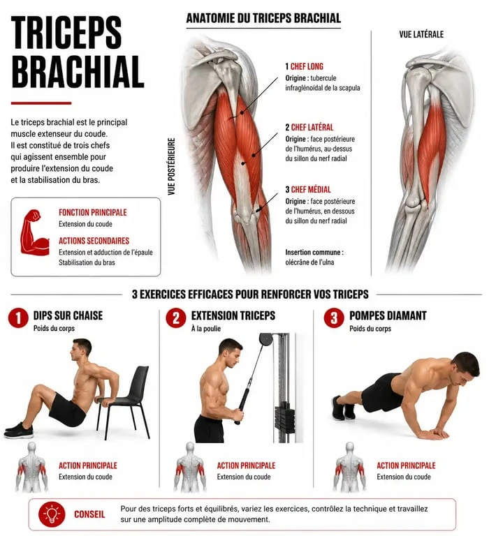 Schéma anatomique du triceps et exercices pour muscler le muscle sous les bras