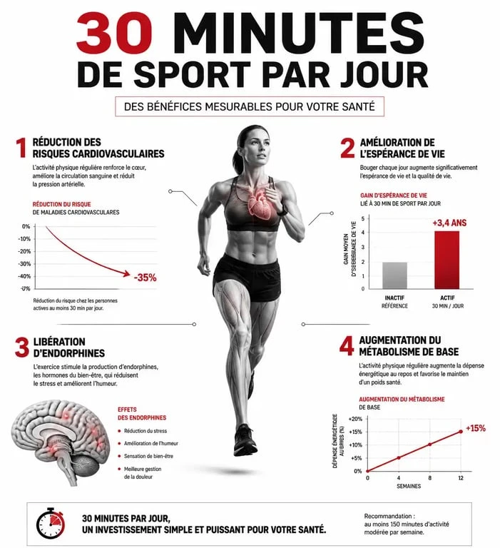 Infographie des bienfaits santé de 30 min de sport par jour