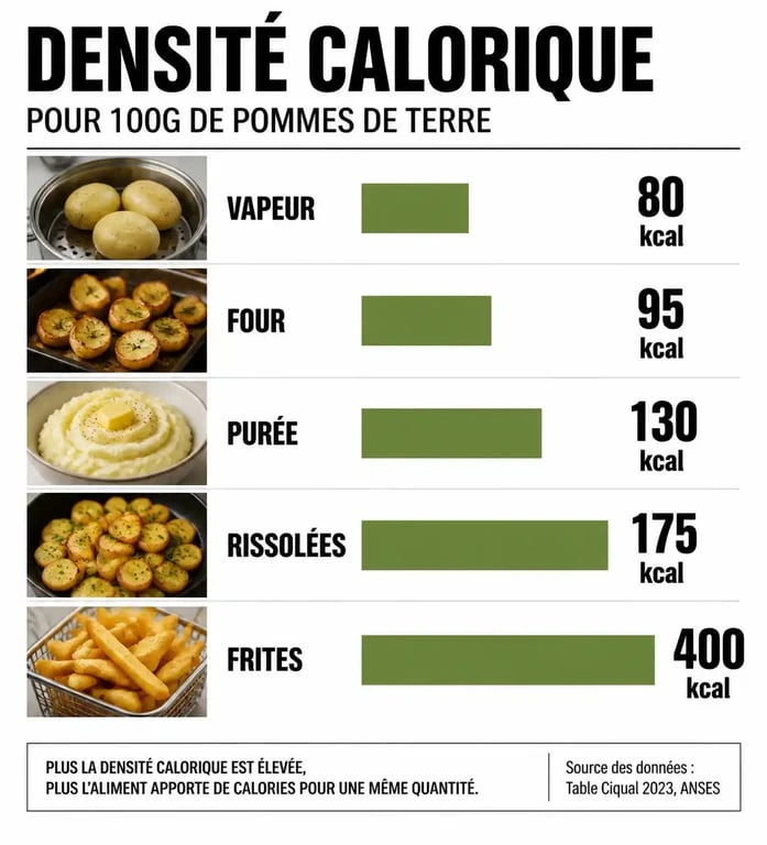 Infographie comparant les calories des pommes de terre selon le mode de cuisson pour savoir si les pommes de terre font grossir