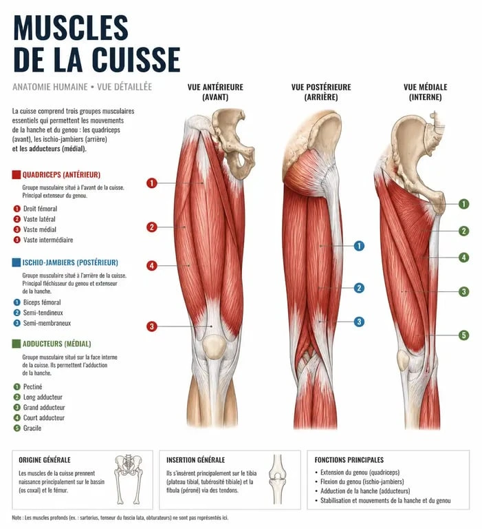 Schéma anatomique des muscles de la cuisse pour muscler ses cuisses en 1 semaine