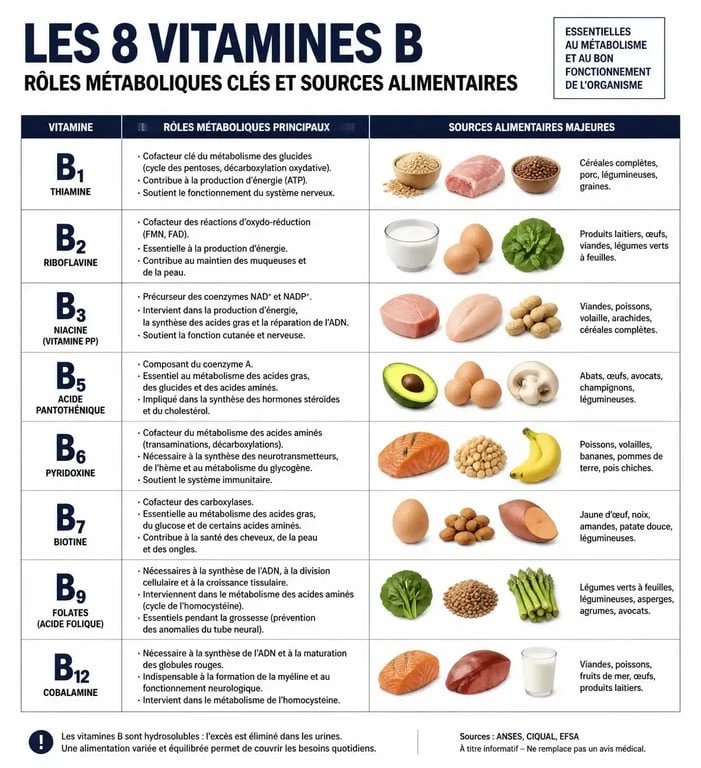 Infographie des sources alimentaires et bienfaits des vitamines B pour la santé