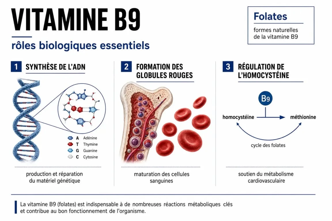 Infographie sur les bienfaits et rôles de la vitamine B9 dans l'organisme