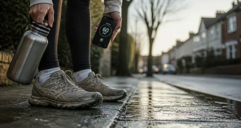 Marcher 1h par jour : baskets sur trottoir humide, chrono 60 min