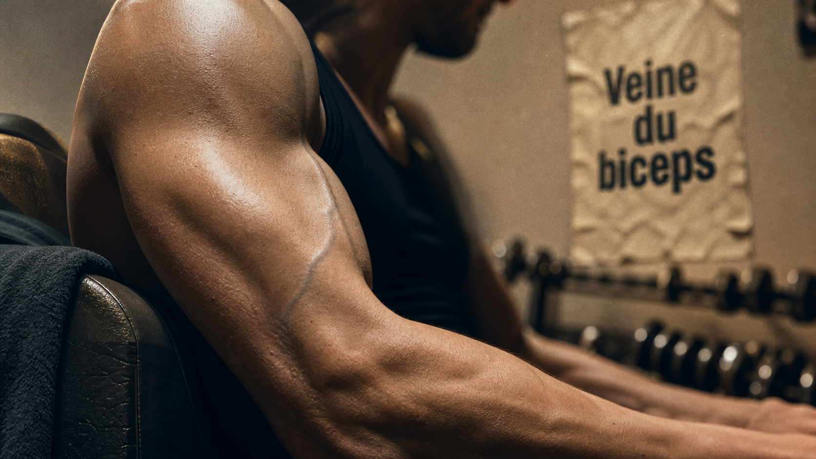 Veine sur le biceps en salle, gros plan
