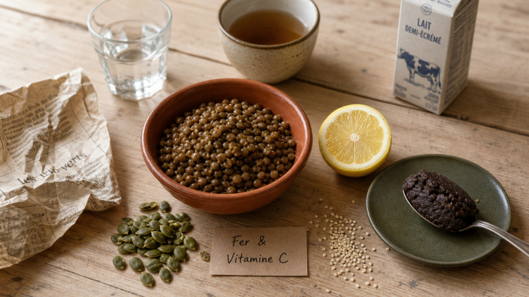 Aliments avec beaucoup de fer et vitamine C : lentilles, citron et graines