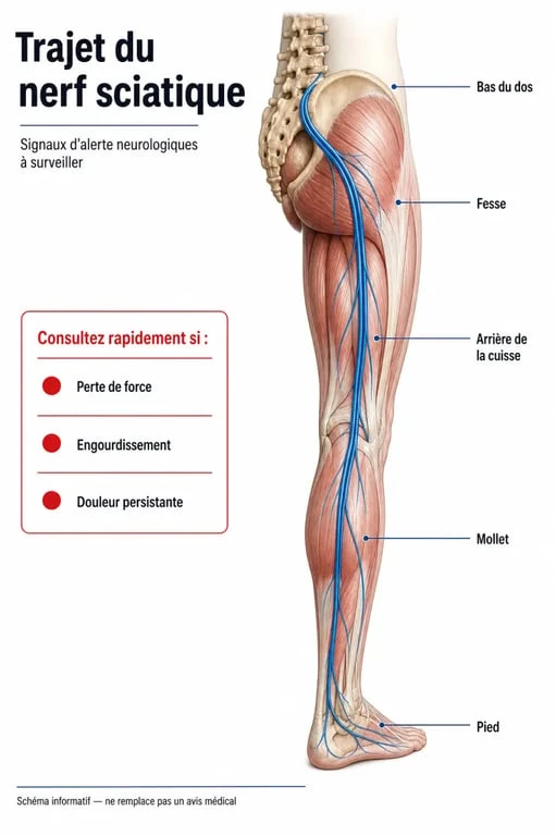 Schéma du trajet du nerf sciatique et signaux d'alerte pour courir avec une sciatique
