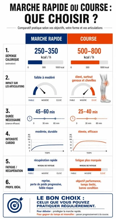 Infographie comparant marche rapide ou course : que choisir