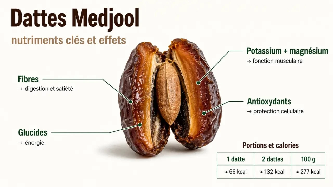 Infographie dattes medjool bienfaits : fibres, potassium, magnésium, énergie et digestion
