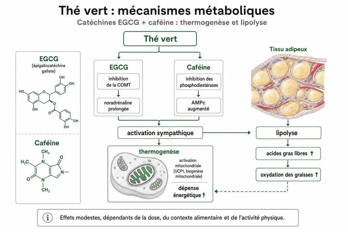 Infographie expliquant les mécanismes biologiques du thé vert pour maigrir et brûler les graisses.