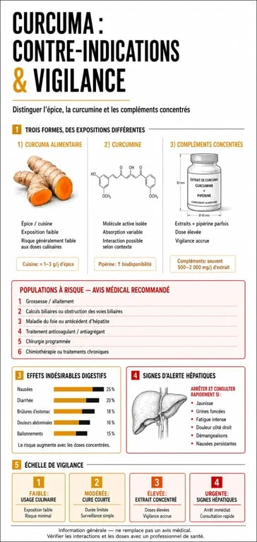 Infographie sur le curcuma contre indication, les doses, les risques et les signes d’alerte