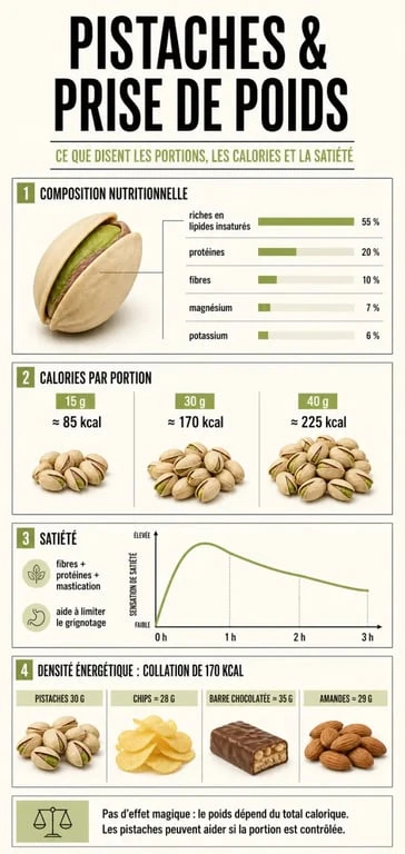 Infographie sur les les pistaches font elles grossir, calories, satiété et portions recommandées