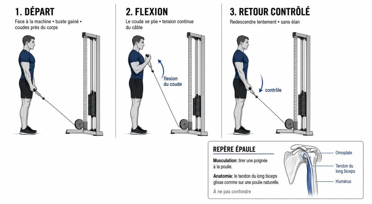 Poulie biceps : schéma du curl à la poulie basse avec tension continue et posture correcte