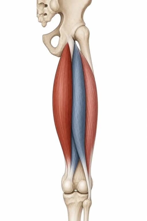 Schéma des muscles derrière la cuisse montrant les ischio-jambiers à l’arrière de la jambe