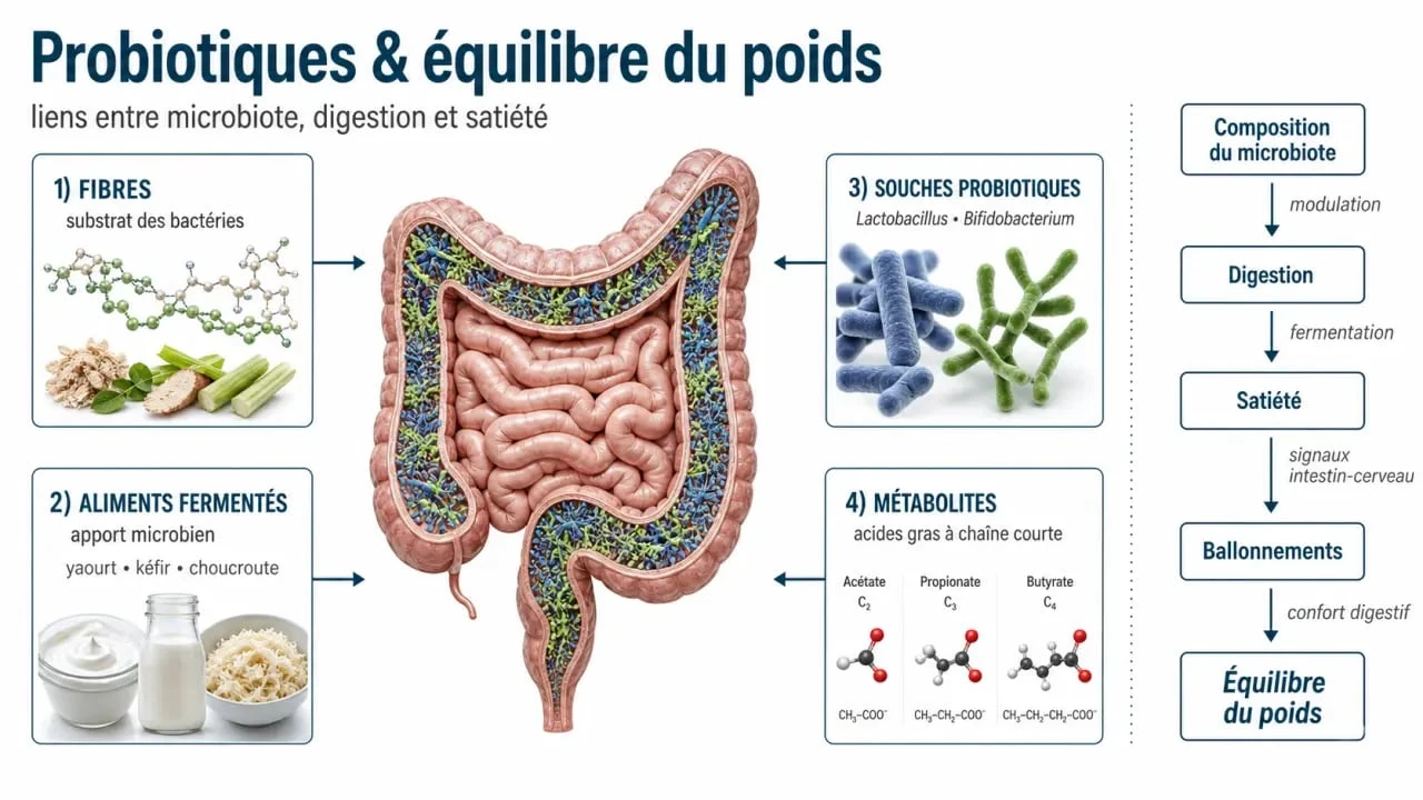 Infographie sur les probiotiques pour maigrir et le lien entre microbiote, digestion et poids