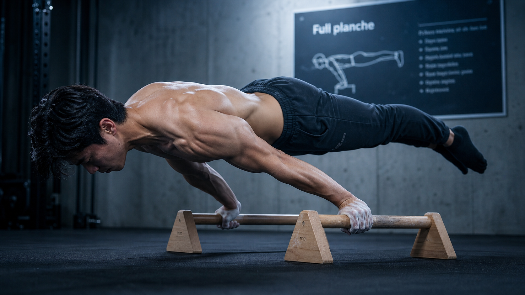 Planche calisthenics sur parallettes, corps aligné