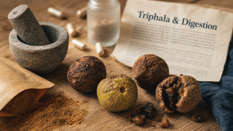 Triphala bienfaits : poudre de triphala et fruits pour digestion
