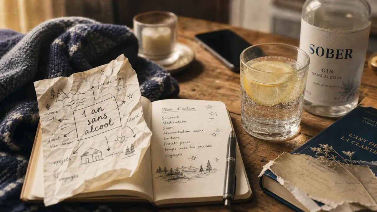 1 an sans alcool bienfaits : carnet et verre d’eau, sommeil et foie