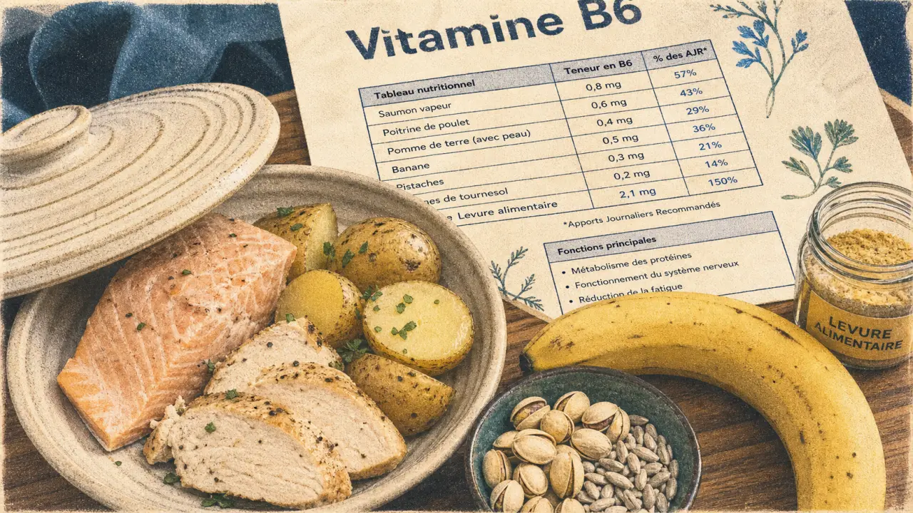 Aliments riches en vitamine b6 : saumon vapeur, poulet, pistaches et banane