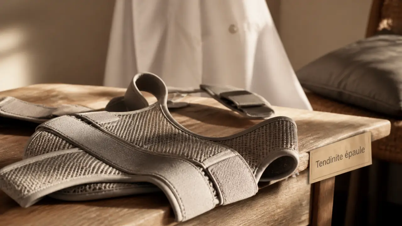 Attelle épaule tendinite sur table, maintien souple