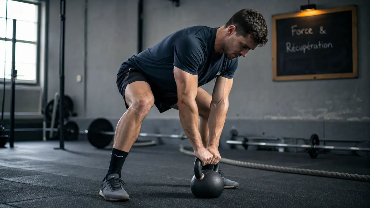Corps athlétique : posture stable avec kettlebell en salle de sport