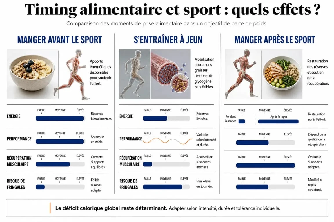 Perte de poids manger avant ou apres le sport : comparatif visuel des effets sur l’énergie, la performance et la récupération